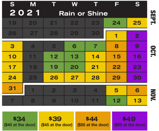 calendar showing event dates and prices