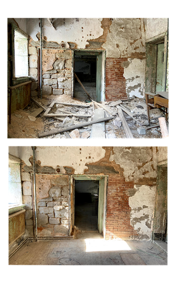 Before and after shot of first floor door showing progress in clearing debris