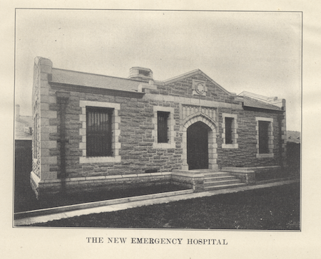 Historic photo of Eastern State's emergency hospital, a small one story stone building