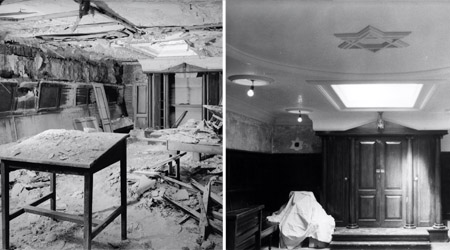 A side by side of Eastern State's synagogue, on the left is a photo of the synagogue strewn in rubble, on the right is a photo of the synagogue cleaned up mid-restoration