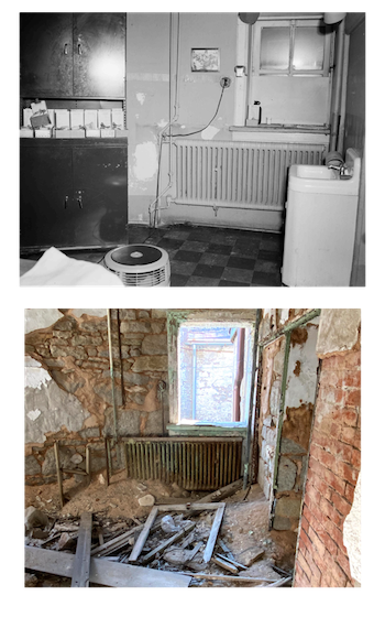 Black and white photo of historic dentist office next to same space filled with debris today