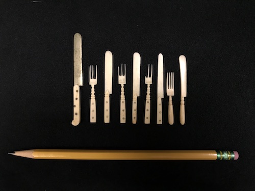 Miniature Cutlery Set, ca. 1856 with pencil for scale