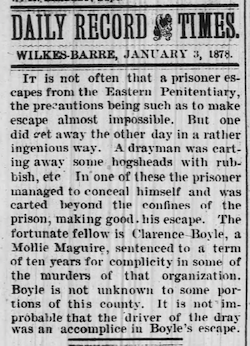 Short newspaper article describing Timothy Boyle's escape