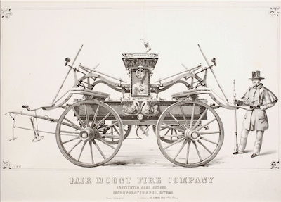 1855 print of the Fair Mount Fire Company with an Angew-built fire engine.