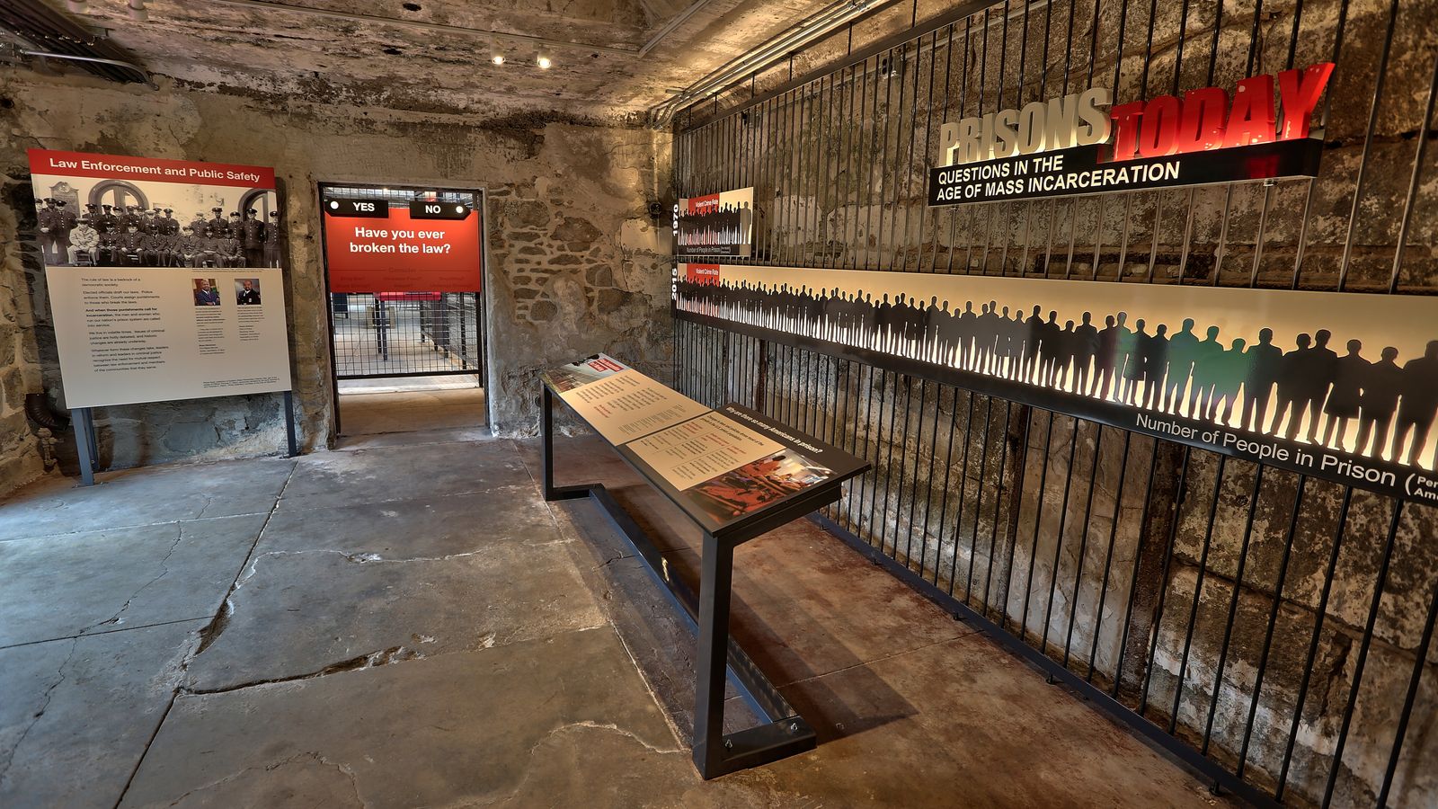 A photo of the entrance to Prisons Today at Eastern State Penitentiary. The backdrop consists of a stone wall with vertical metal bars. There is a graphic showing a silhouette of a group of people standing side by side, with text reading